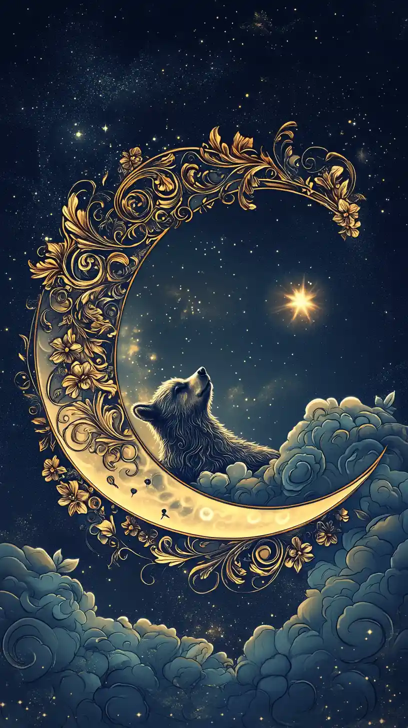 Ornate crescent moon with bear spirit and celestial space