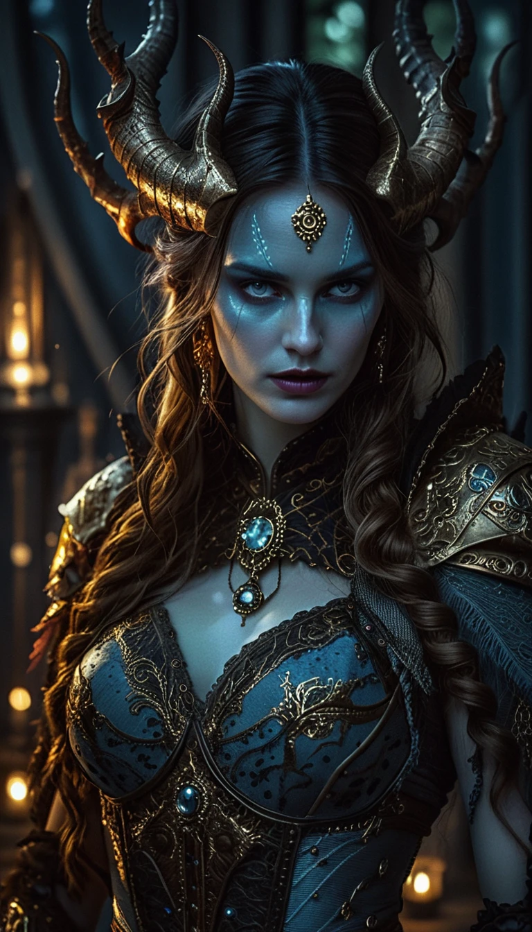 Dark fantasy woman standing in eerie moonlit scene