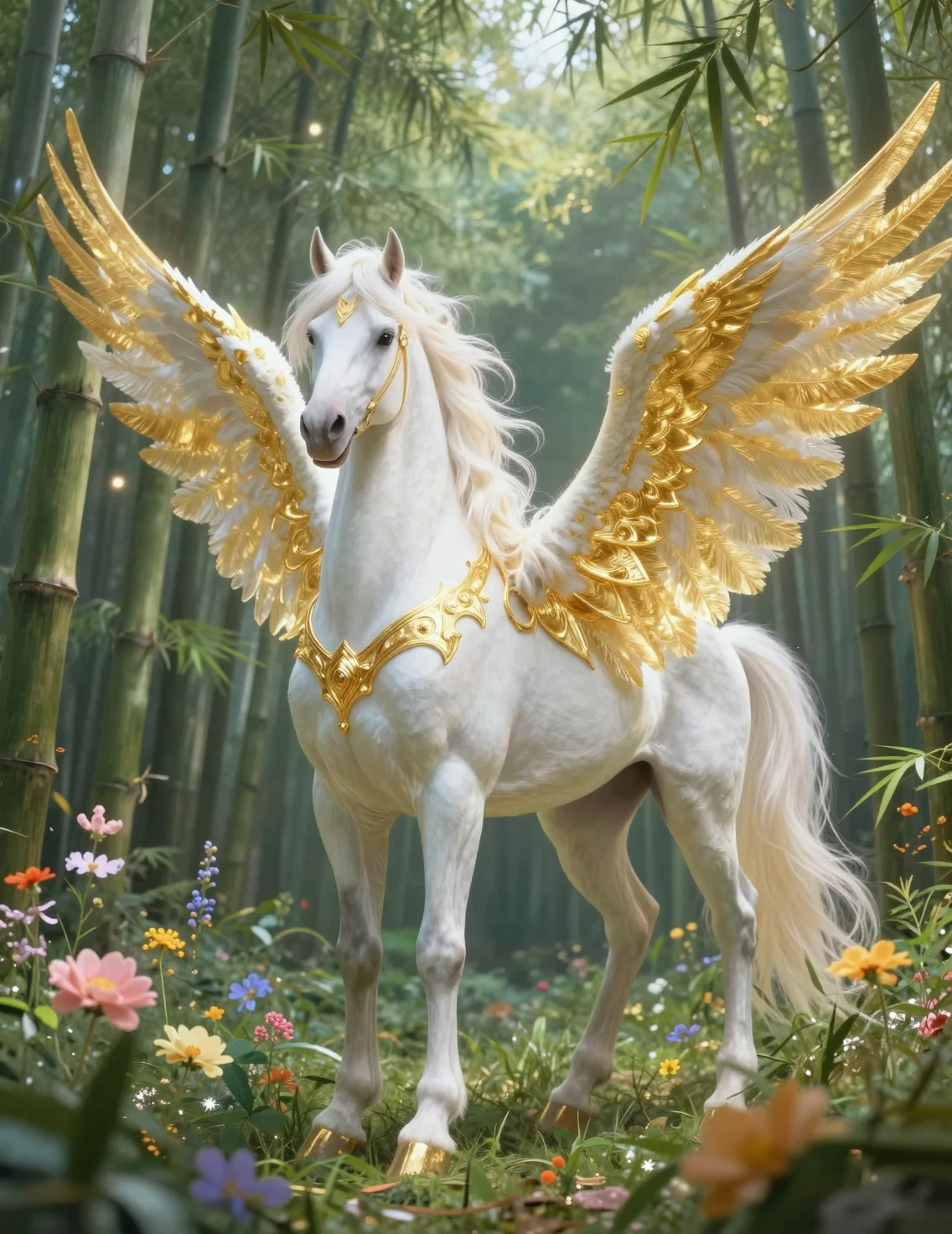 Golden armored pegasus in a serene bamboo forest