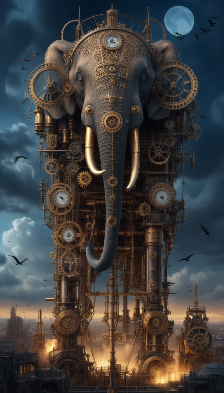 Gigantesco elefante mecánico steampunk bajo un dramático cielo iluminado por la luna