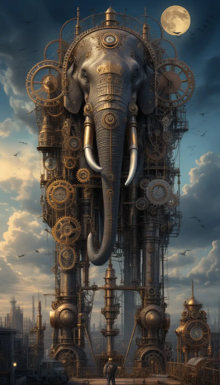 Enorme elefante mecánico steampunk bajo un cielo crepuscular dramático