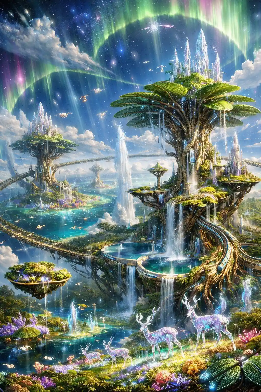 Surreal alien tree city rising over a luminous utopian world