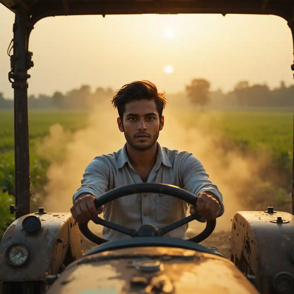 Young man driving a tractor through dusty green fields at sunset