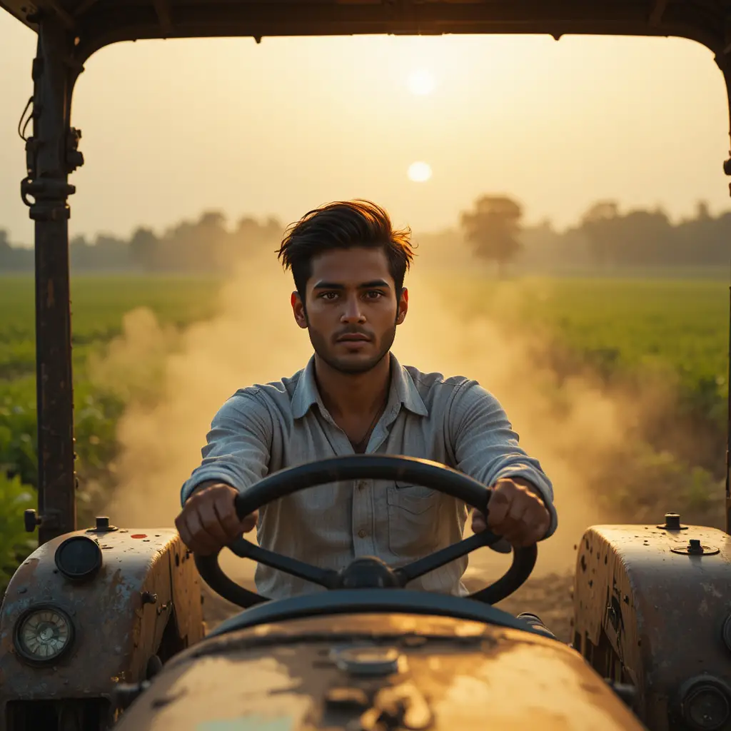 Young man driving a tractor through dusty green fields at sunset