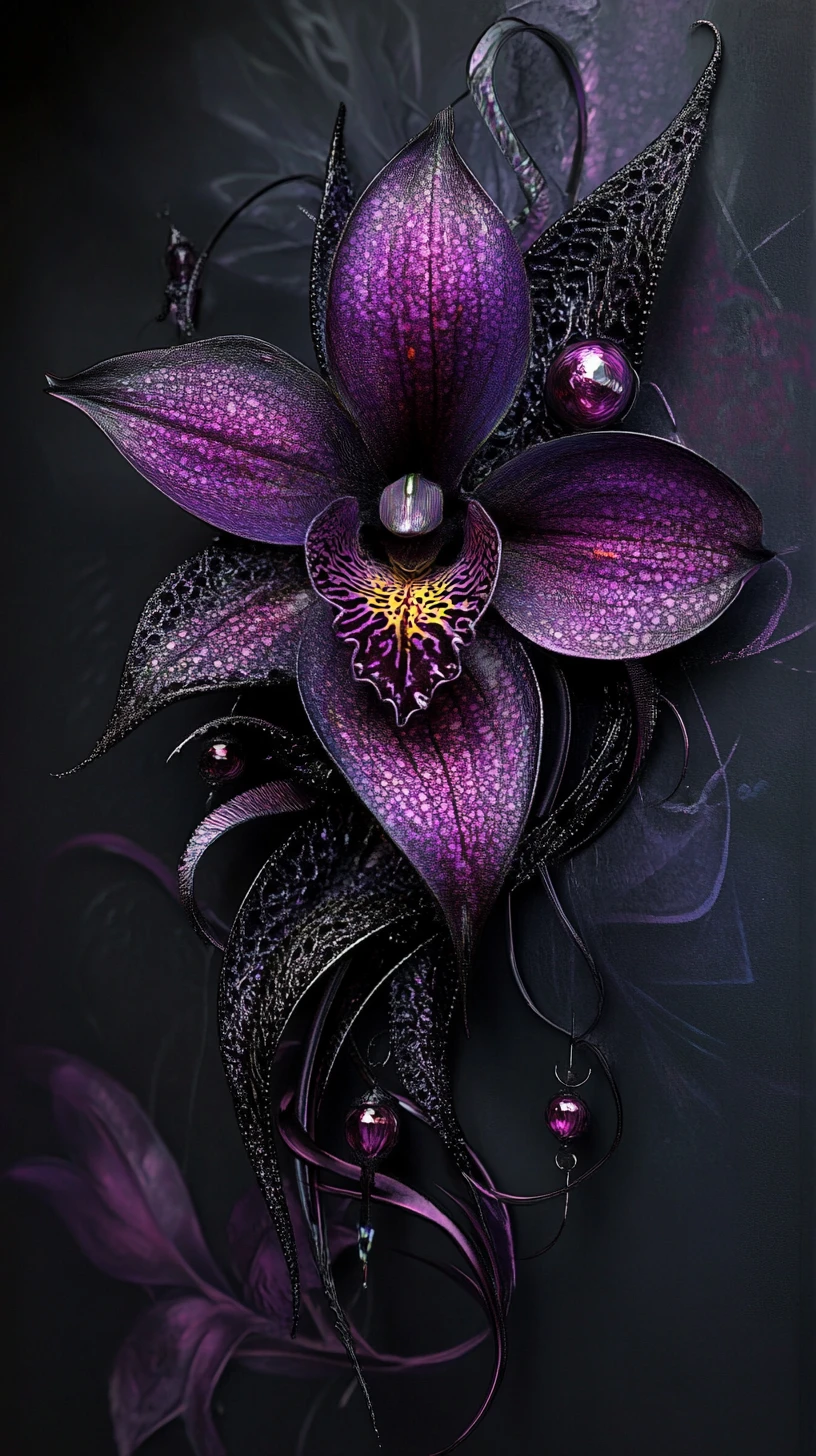 Orchidea Surreale con Occhi Luminosi in un Regno Fantasy Gotico