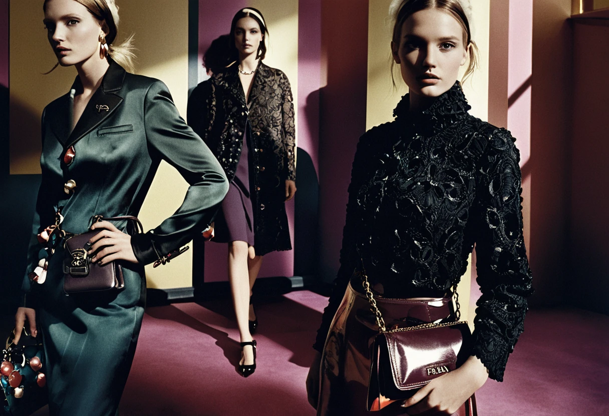 Dramatic fashion woman posing with designer handbag in studio