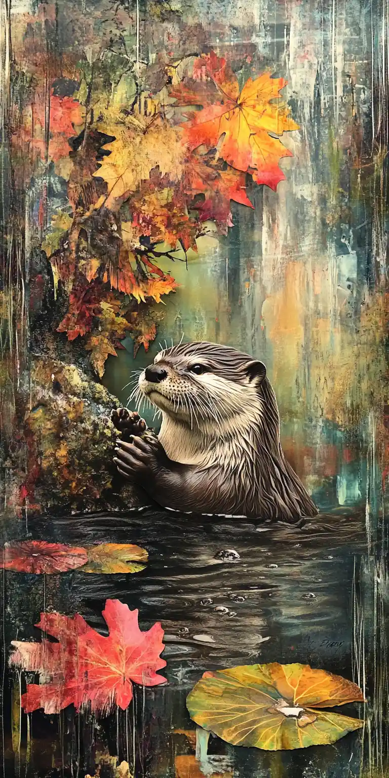 Surreal otter collage merging pond trees and falling rain