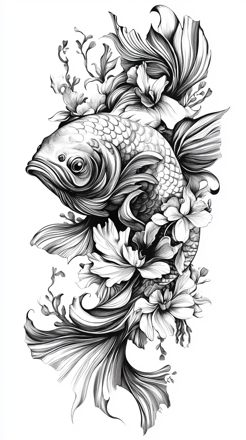 Ilustración de Pez a Tinta con Intrincados Detalles Florales