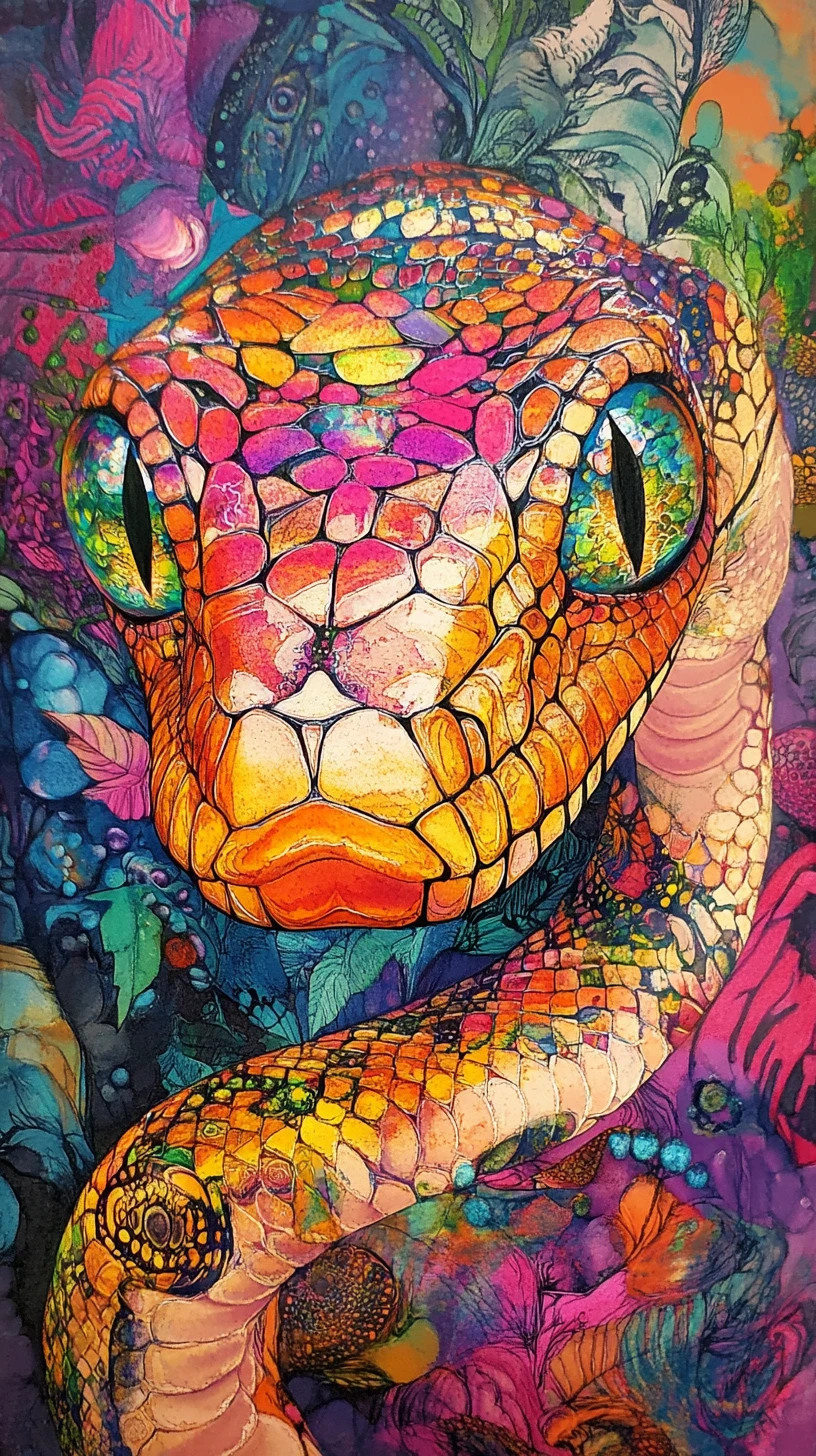 Surreal mixed media snake with large hypnotic eyes