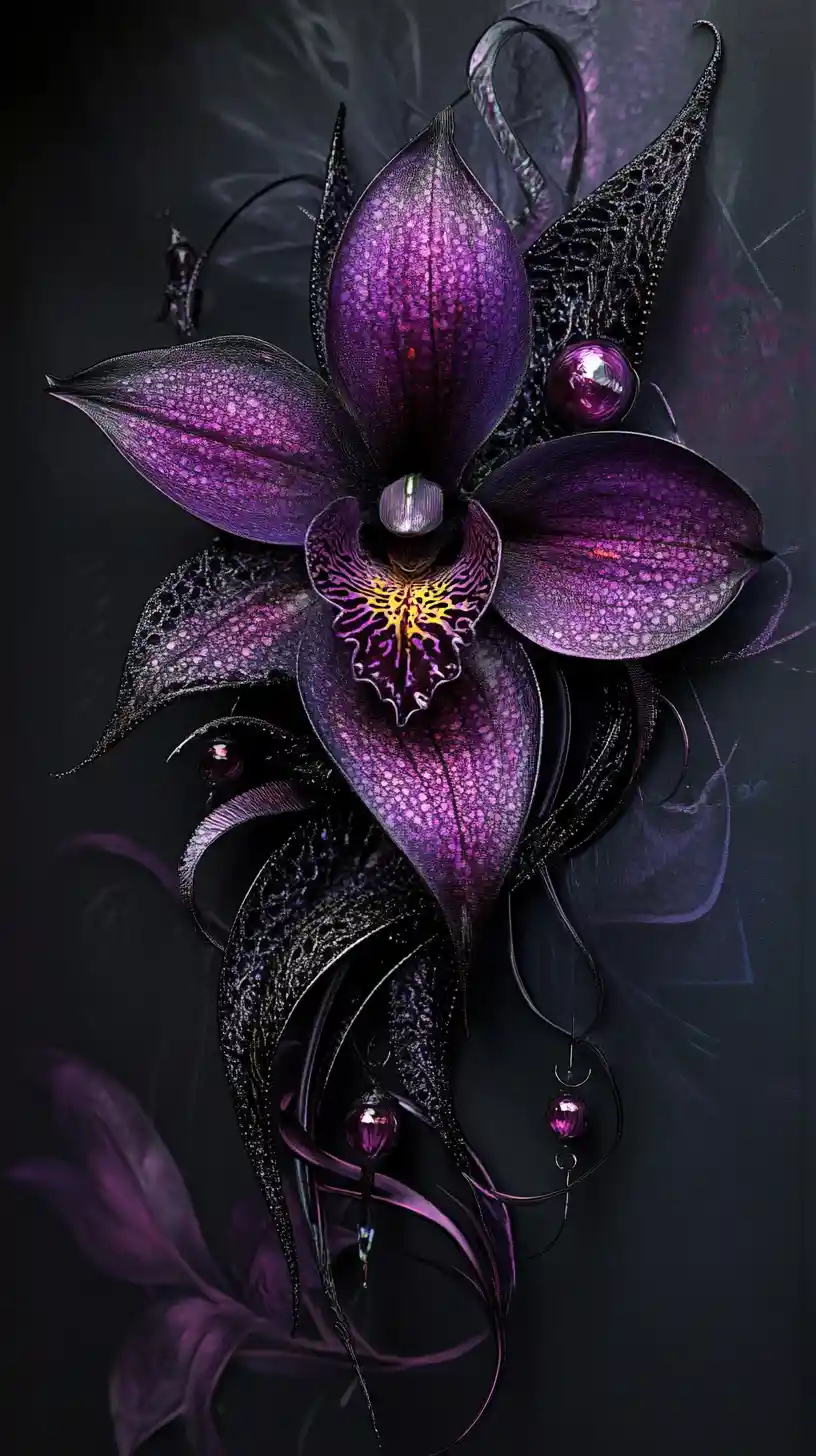 Orchidea Surreale con Occhi Luminosi in un Regno Fantasy Gotico