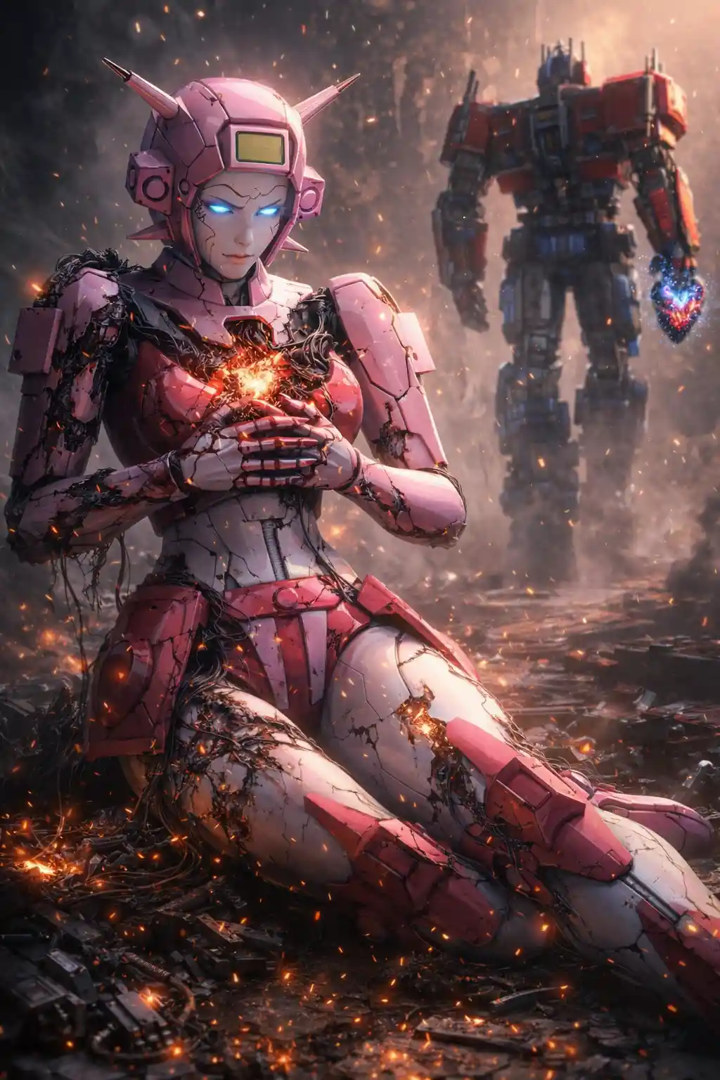 Broken android clutching missing heart in surreal scene