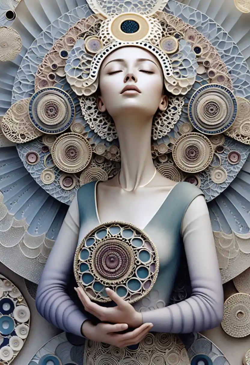 Figura femminile serena in un elaborato rilievo sacro a mandala