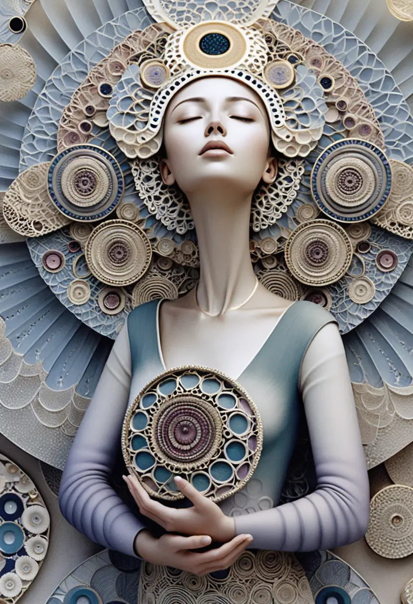 Figura femminile serena in un elaborato rilievo sacro a mandala