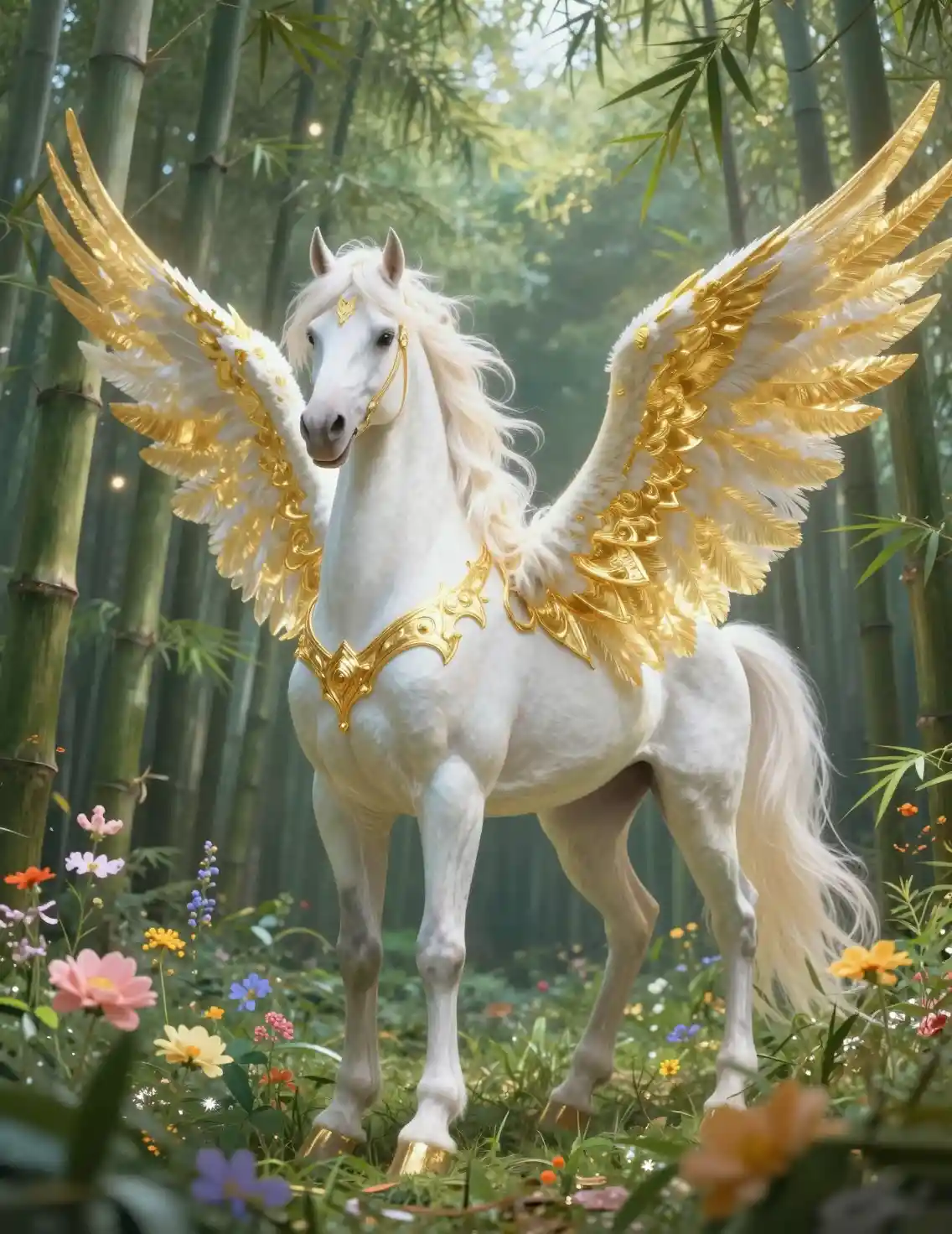 Pegaso in armatura dorata in una tranquilla foresta di bambù