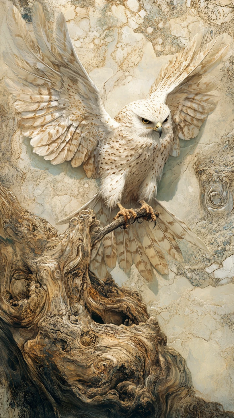 Majestic bird of prey emerging from ancient tree bark
