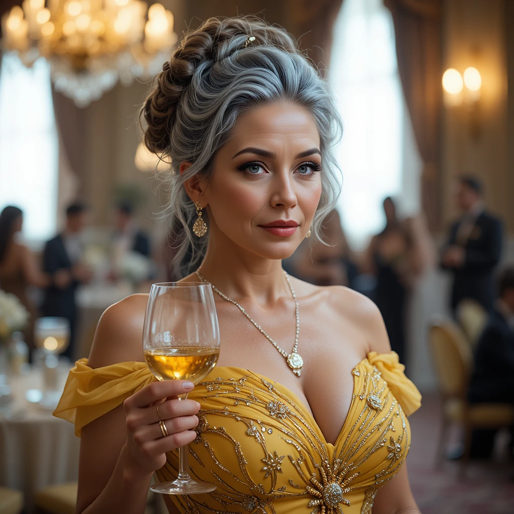 Elegant older woman in yellow gown holding wine in ballroom