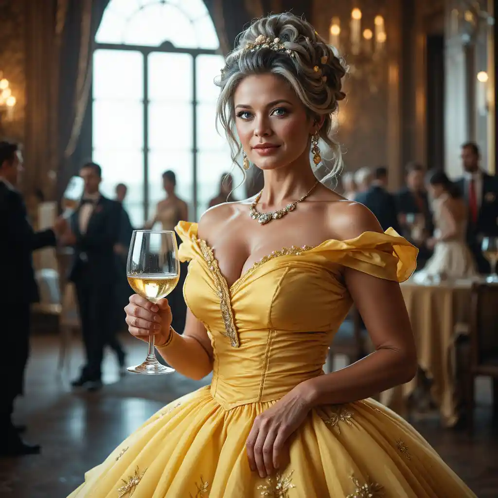 Elegante donna matura in abito giallo che tiene un calice di vino in sala da ballo