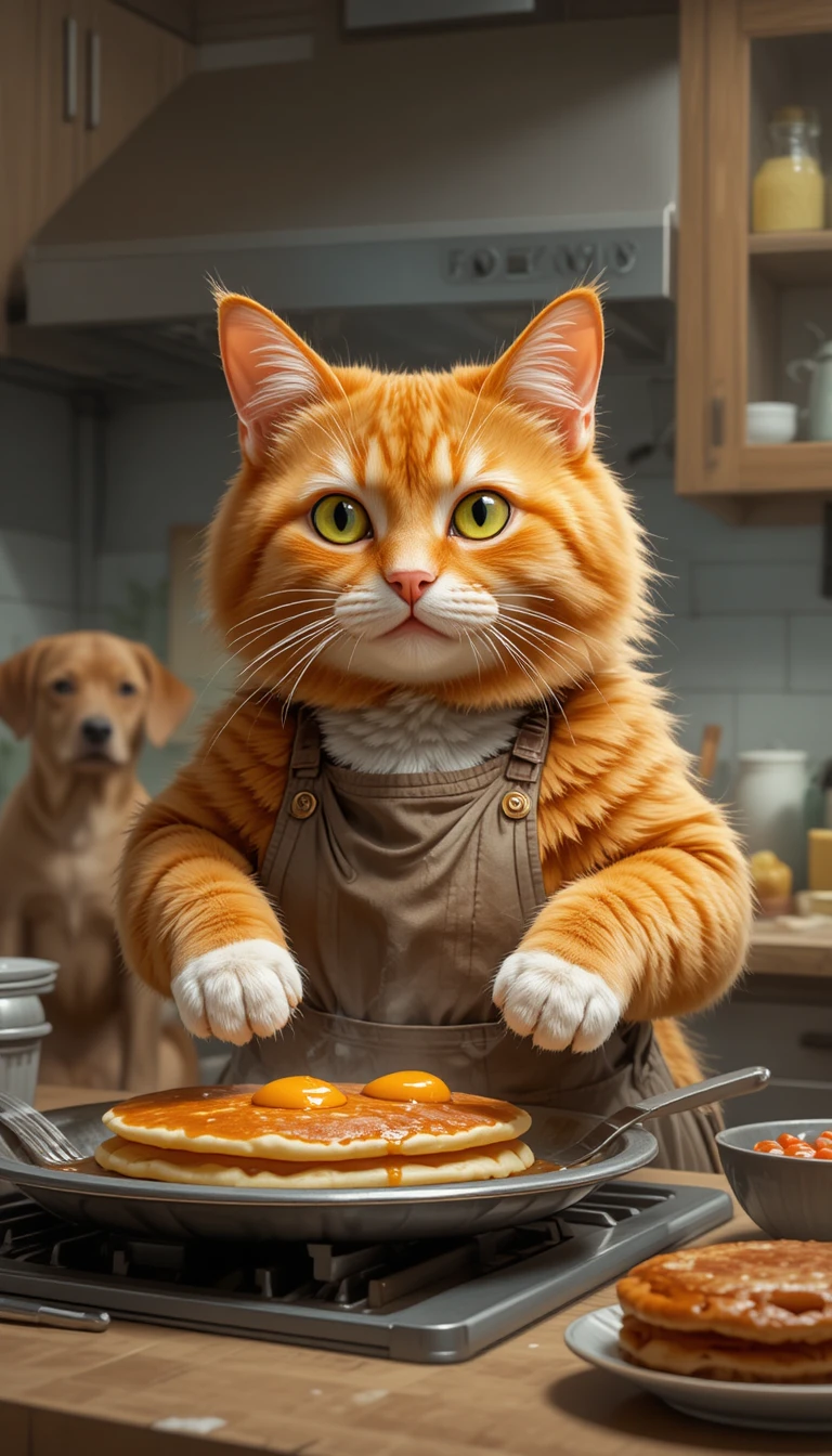 Gato naranja cocinando panqueques en una cocina acogedora