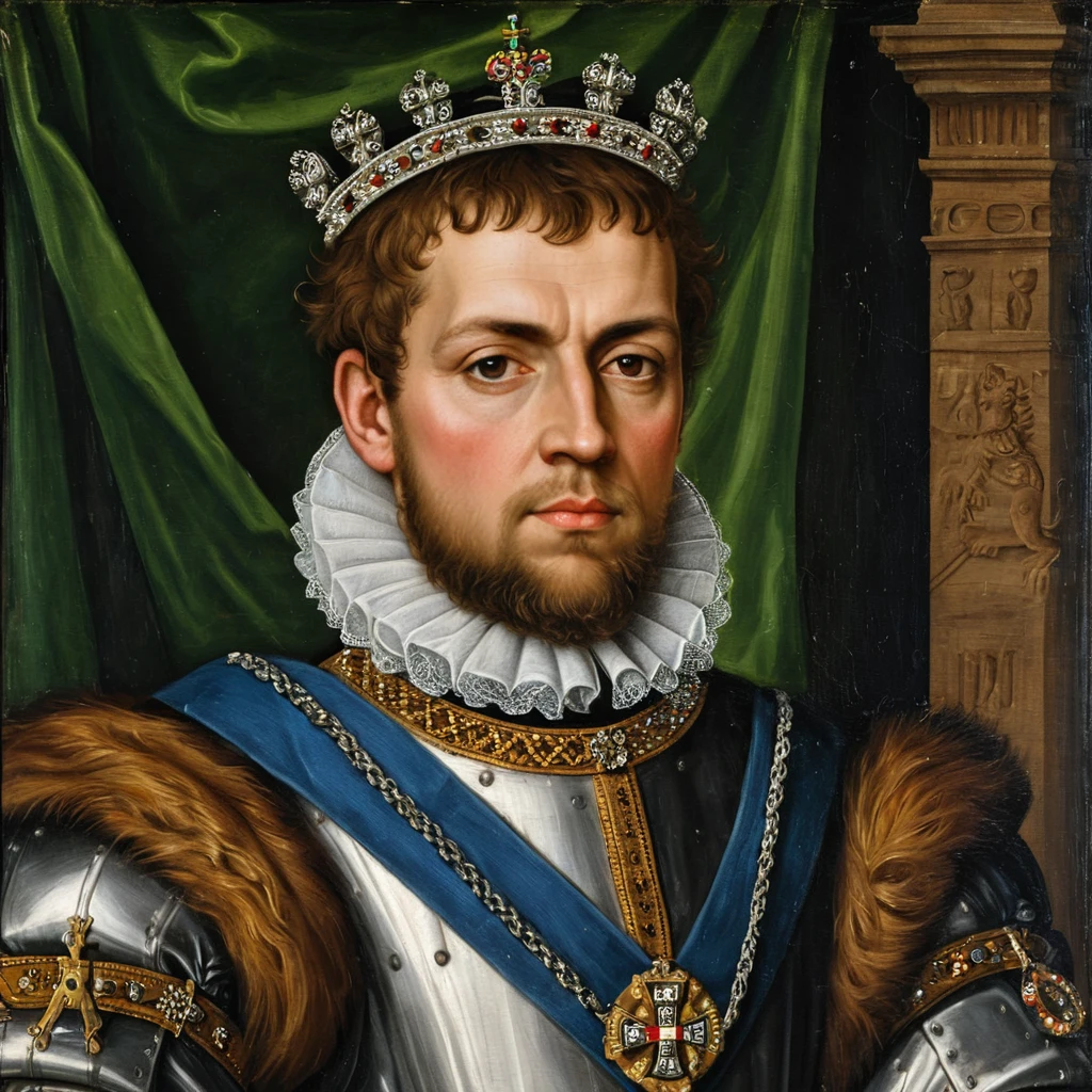 Retrato renacentista de un rey escocés con peinado de 1579