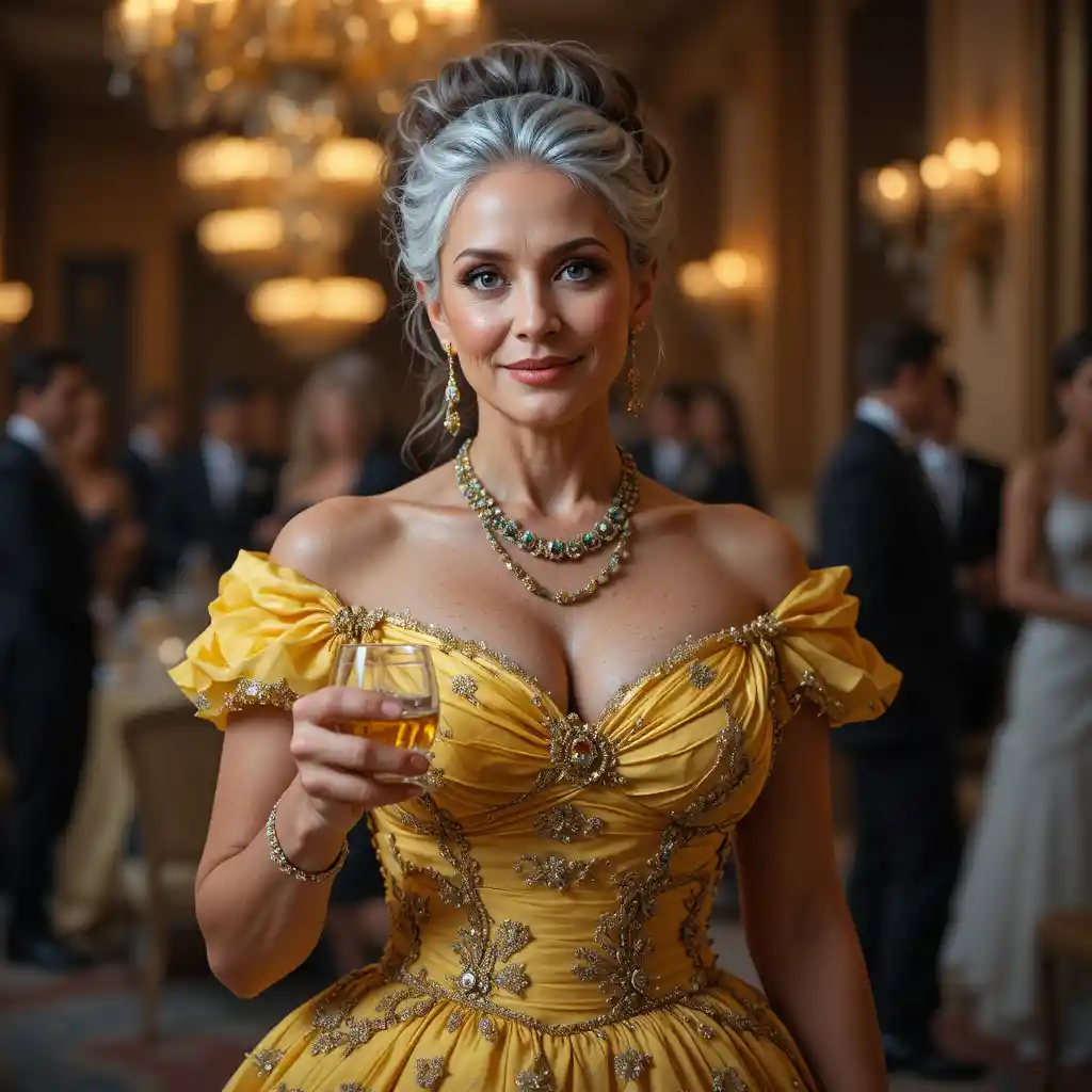 Elegant older woman in yellow gown holding wine glass