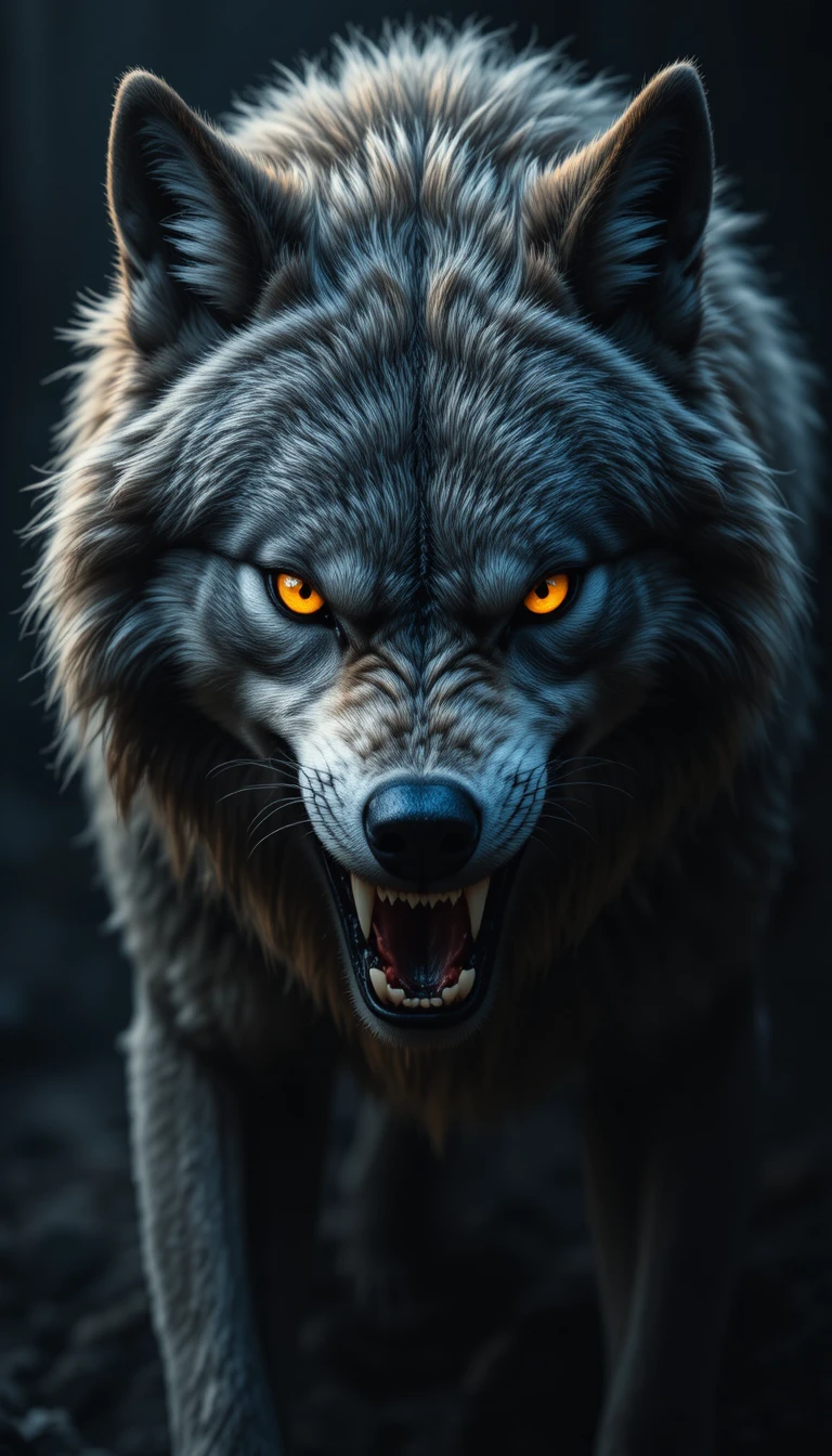 Knurrender grauer Wolf in Nahaufnahme mit leuchtend gelben Augen