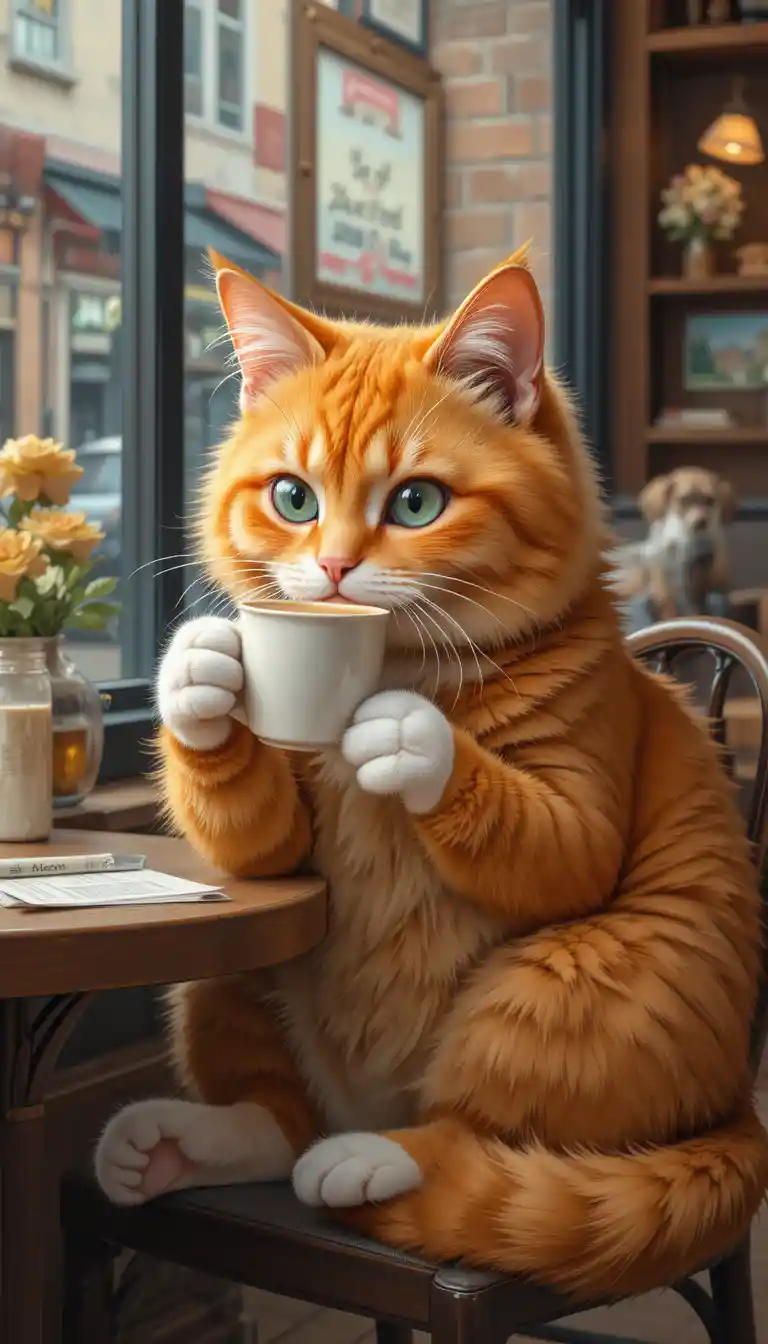 Gato naranja bebiendo café y leyendo en una cafetería