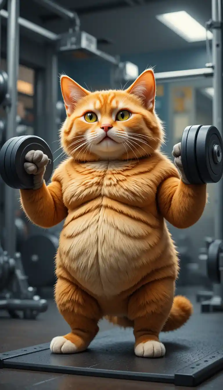 Muscular orange cat lifting weights in a gym scene
