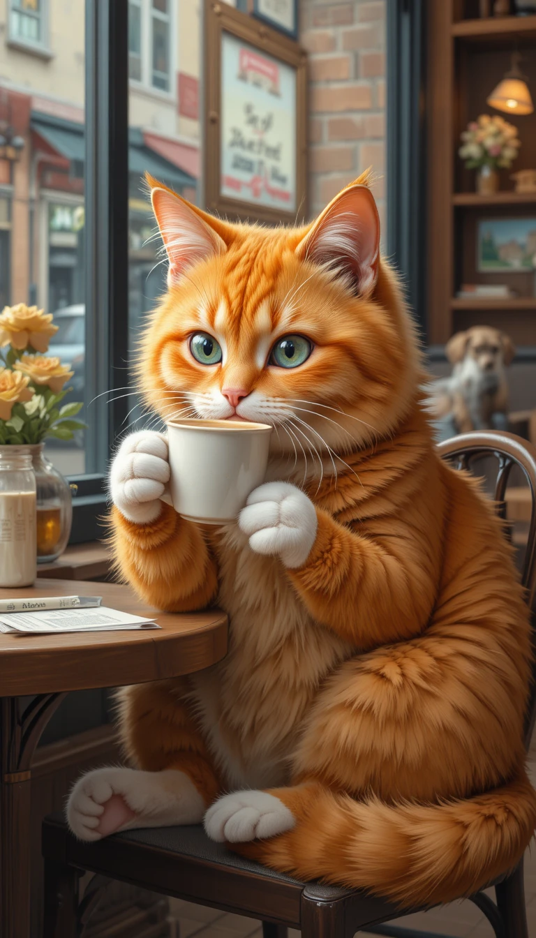 Gato naranja bebiendo café y leyendo en una cafetería