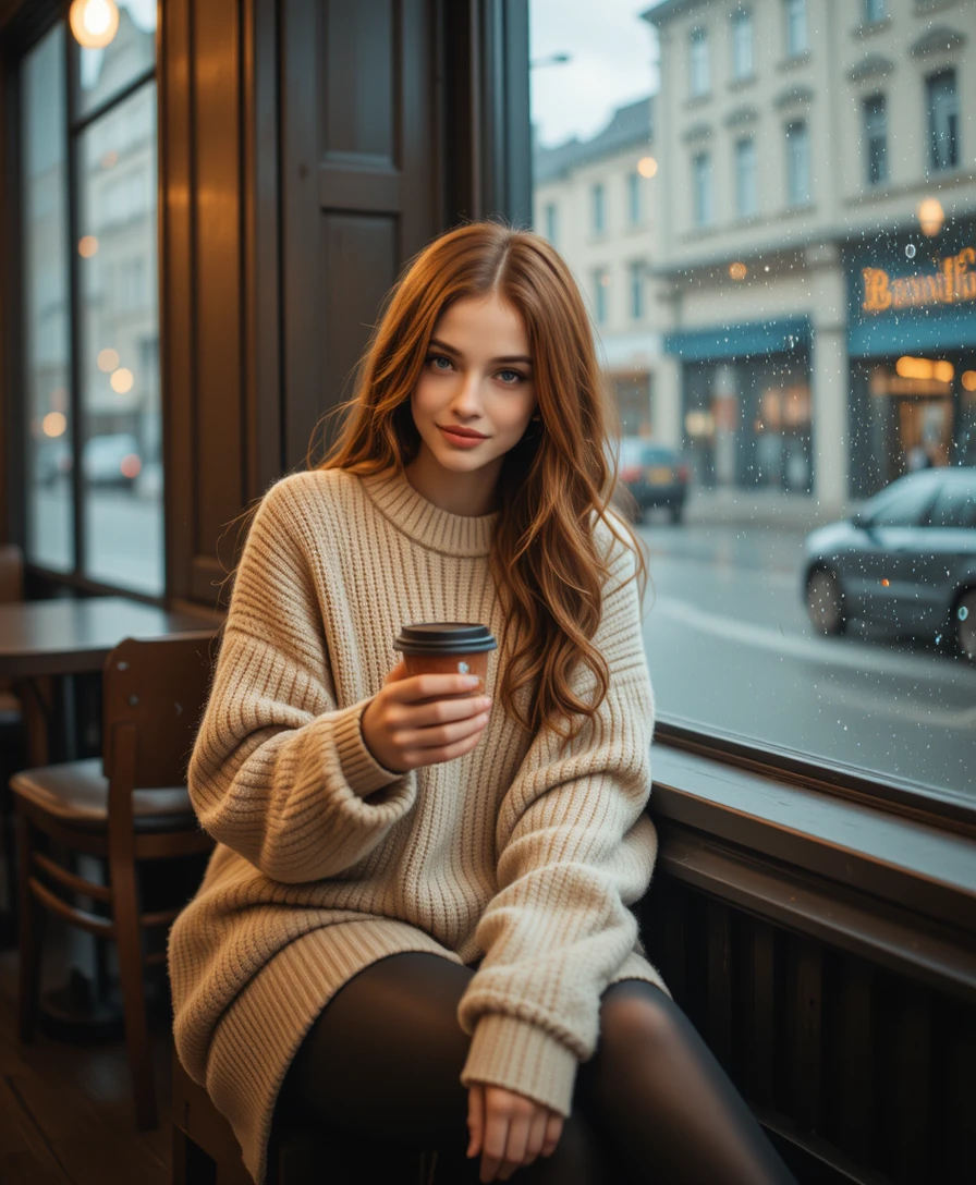 Joven en un café acogedor junto a la ventana con vista a la ciudad lluviosa