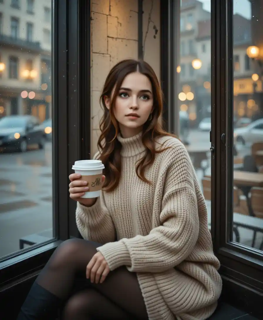 Young woman by a rainy cafe window with coffee