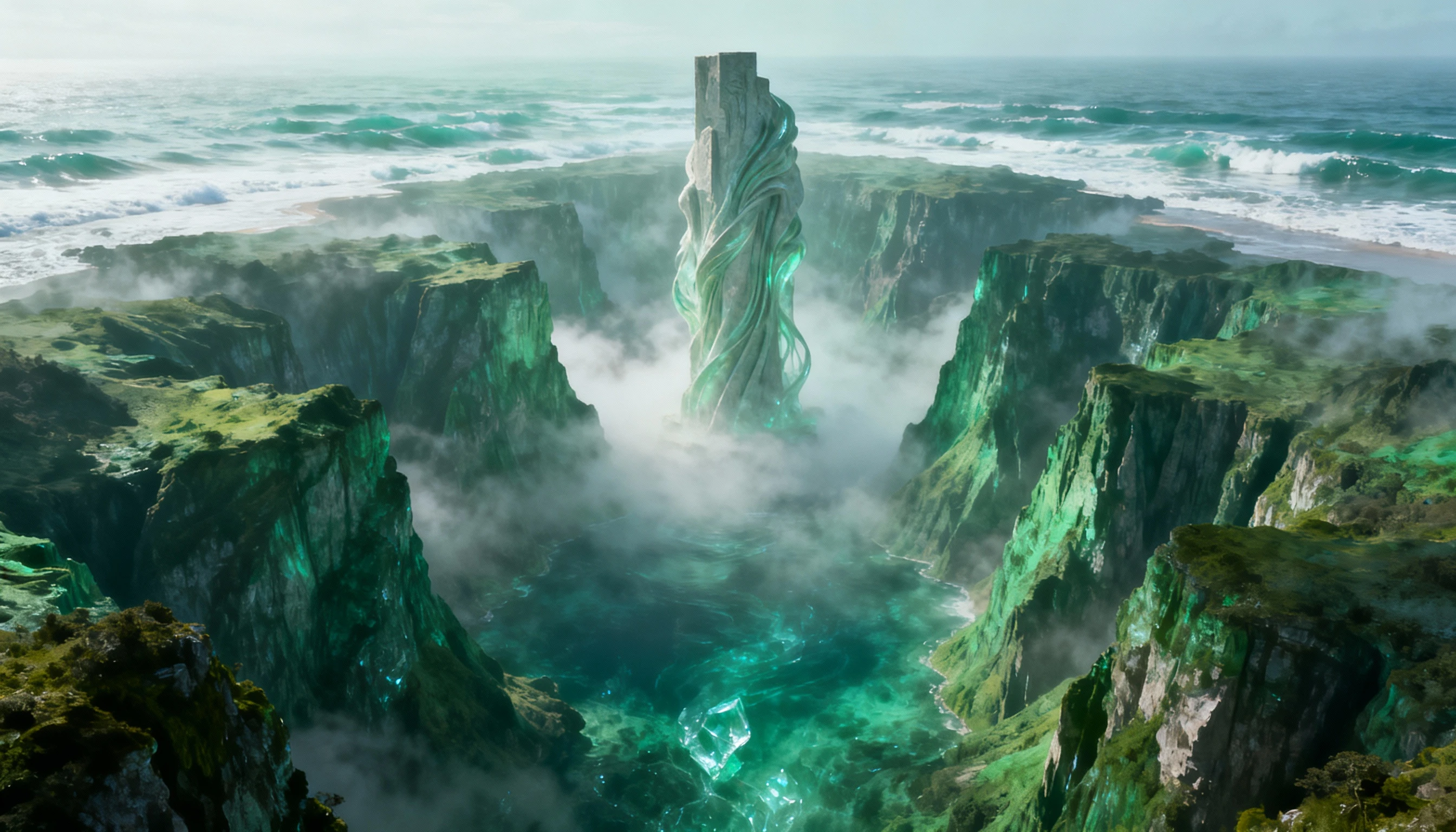 Colossal Spirit Monument In Emerald Ravine Landscape