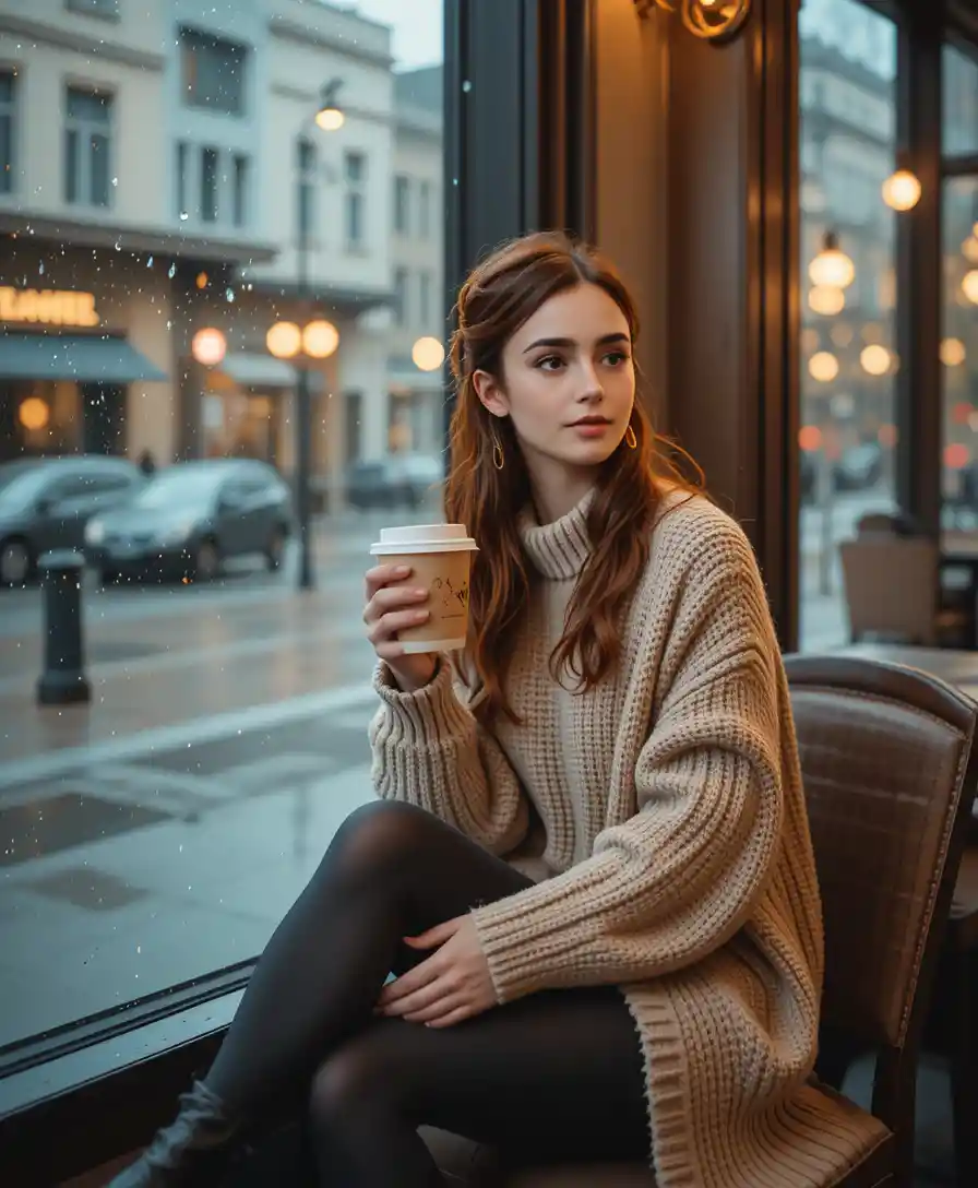 Junge Frau am regennassen Caféfenster mit Coffee-to-go
