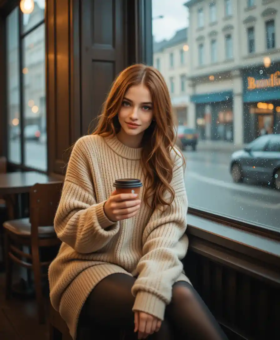Joven en un café acogedor junto a la ventana con vista a la ciudad lluviosa