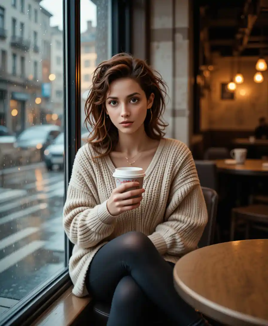 Joven junto a la ventana de un café en un tranquilo día de lluvia