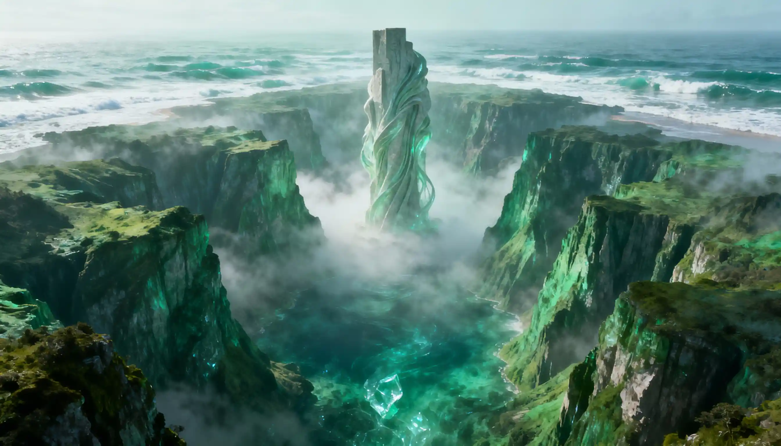 Colossal Spirit Monument In Emerald Ravine Landscape