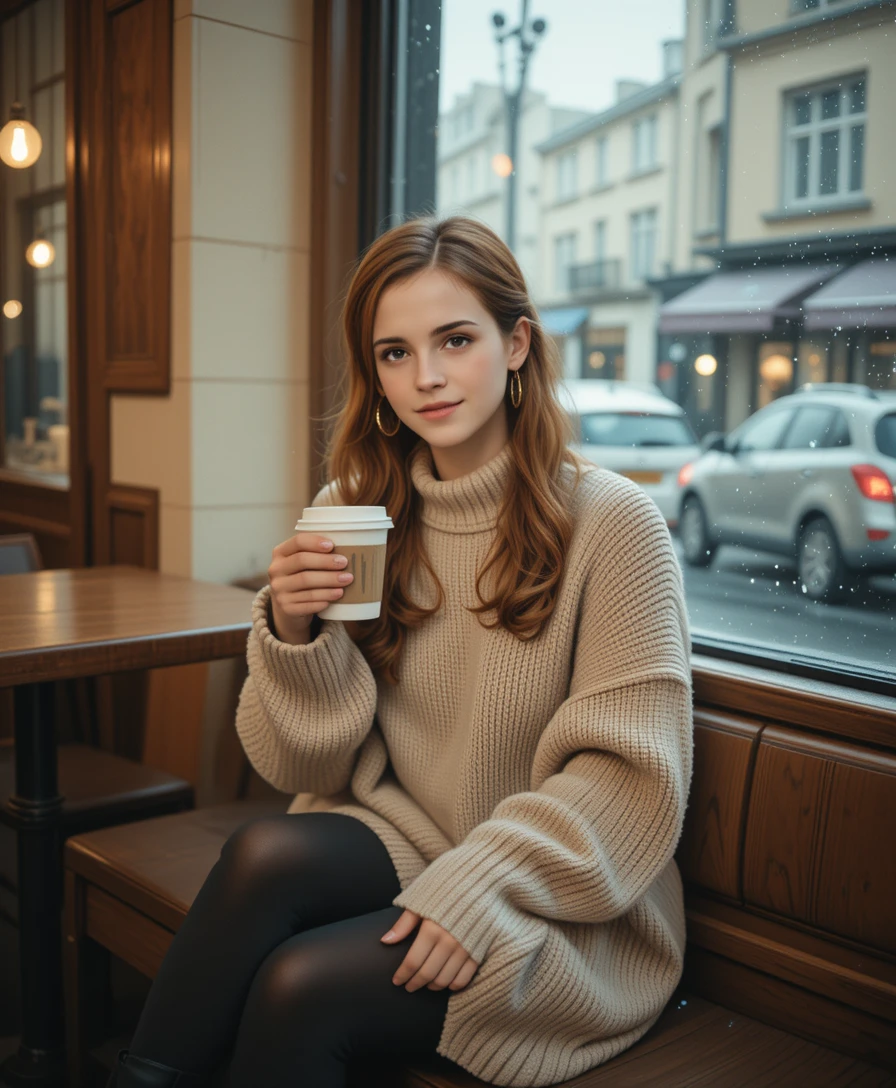 雨の街の日にカフェの窓辺に座る若い女性