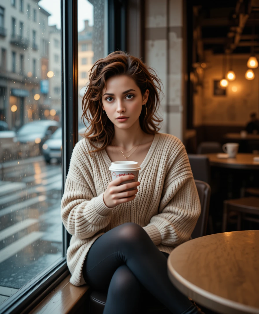 Joven junto a la ventana de un café en un tranquilo día de lluvia