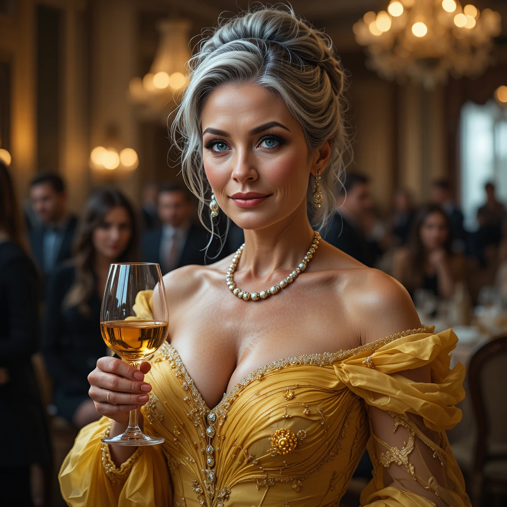 Elegant older woman in yellow gown holding wine in ballroom