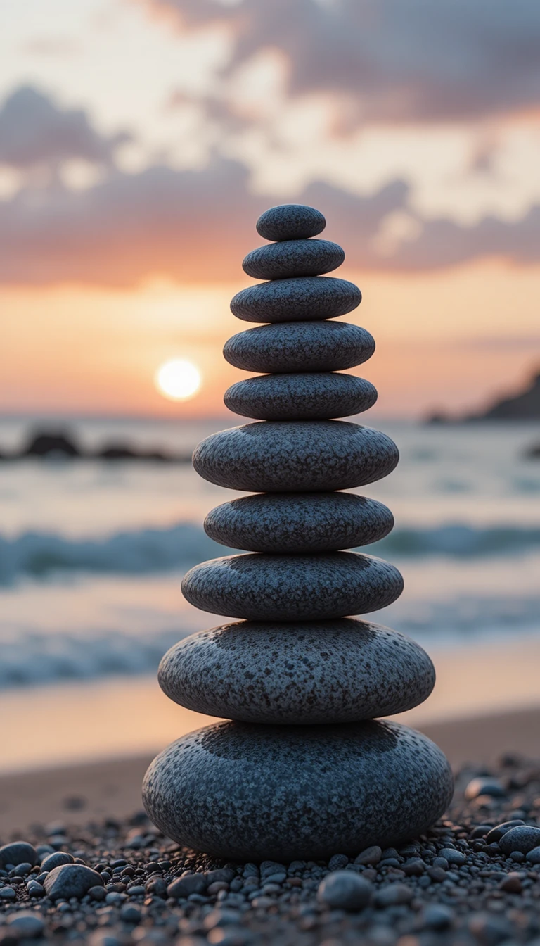 Stone stacks balancing on a serene beach at sunrise