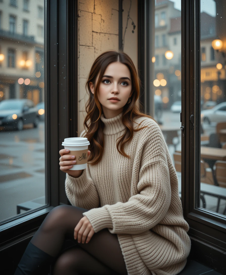 Young woman by a rainy cafe window with coffee