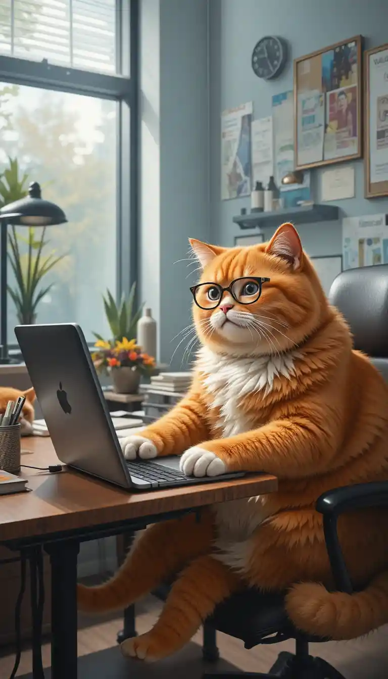 Orange cat wearing glasses working on a laptop