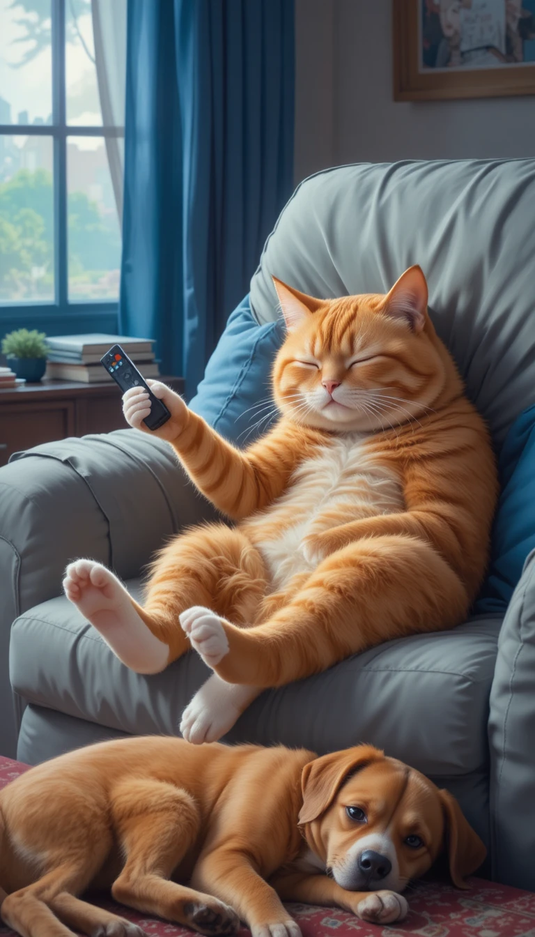 Gato naranja durmiendo en un sofá mientras mira la televisión