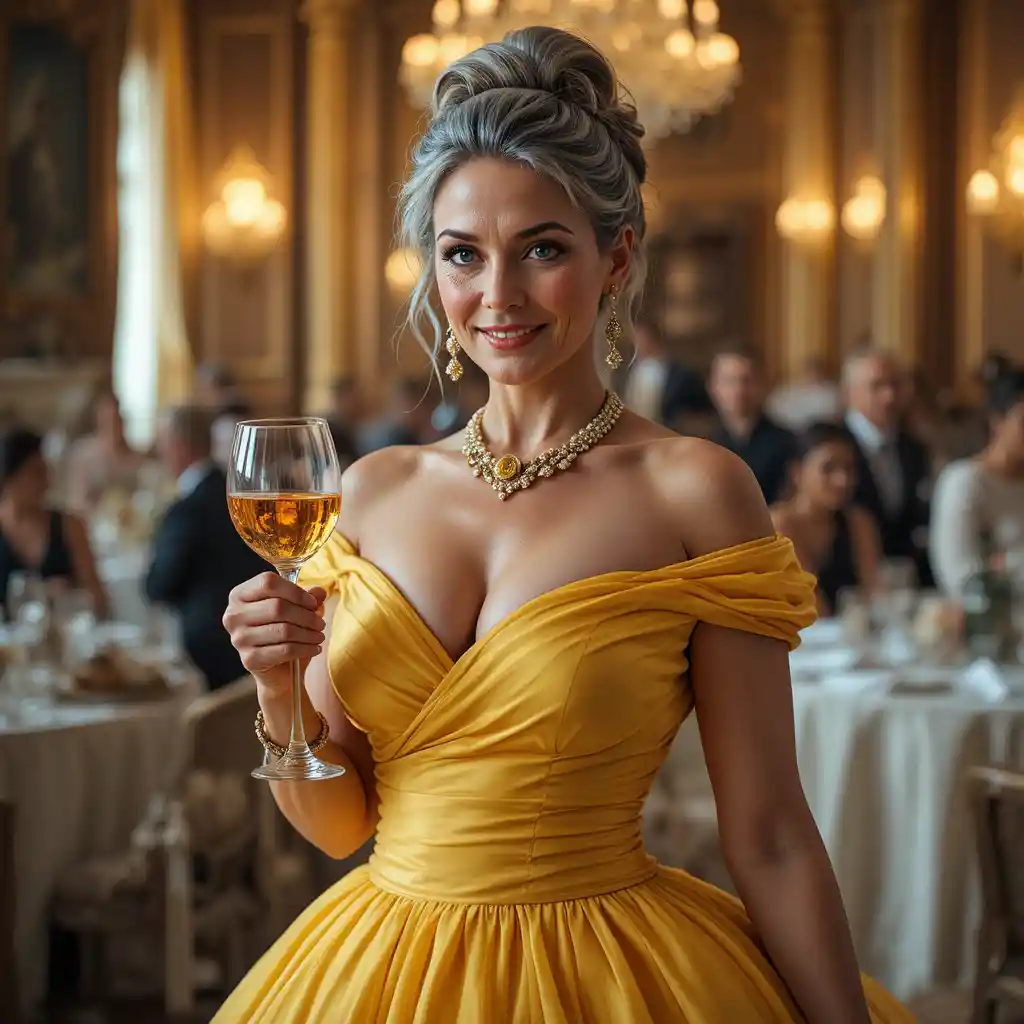 Elegante donna matura in abito giallo con calice di vino in un salone da ballo