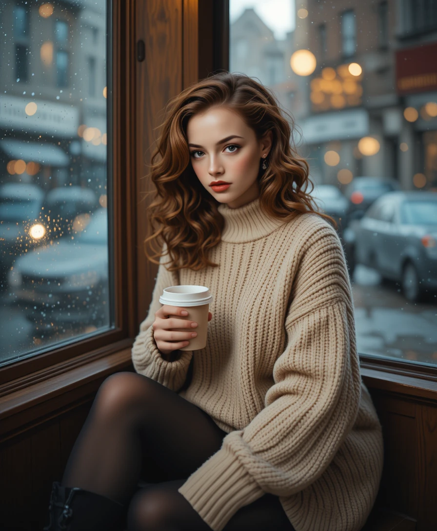 Young woman in cozy cafe by rainy city window