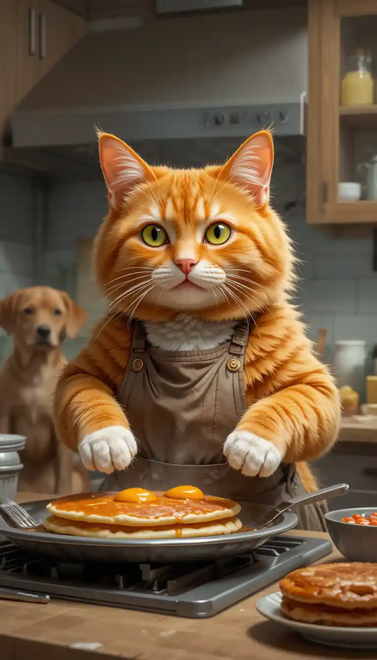 Gatto arancione che prepara pancake in una cucina accogliente