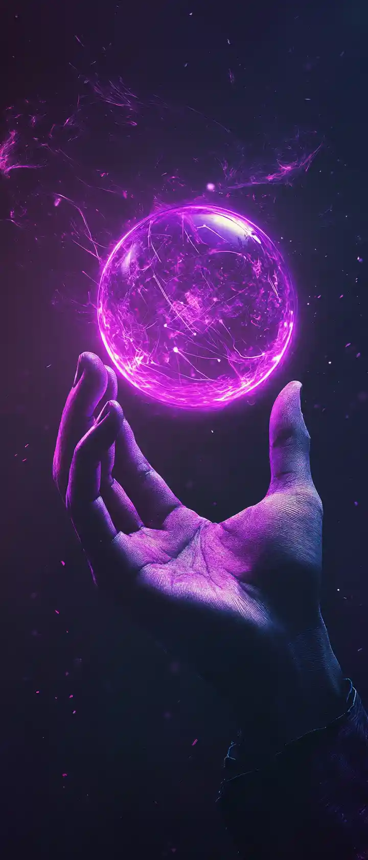 Human hand holding glowing violet energy sphere in darkness