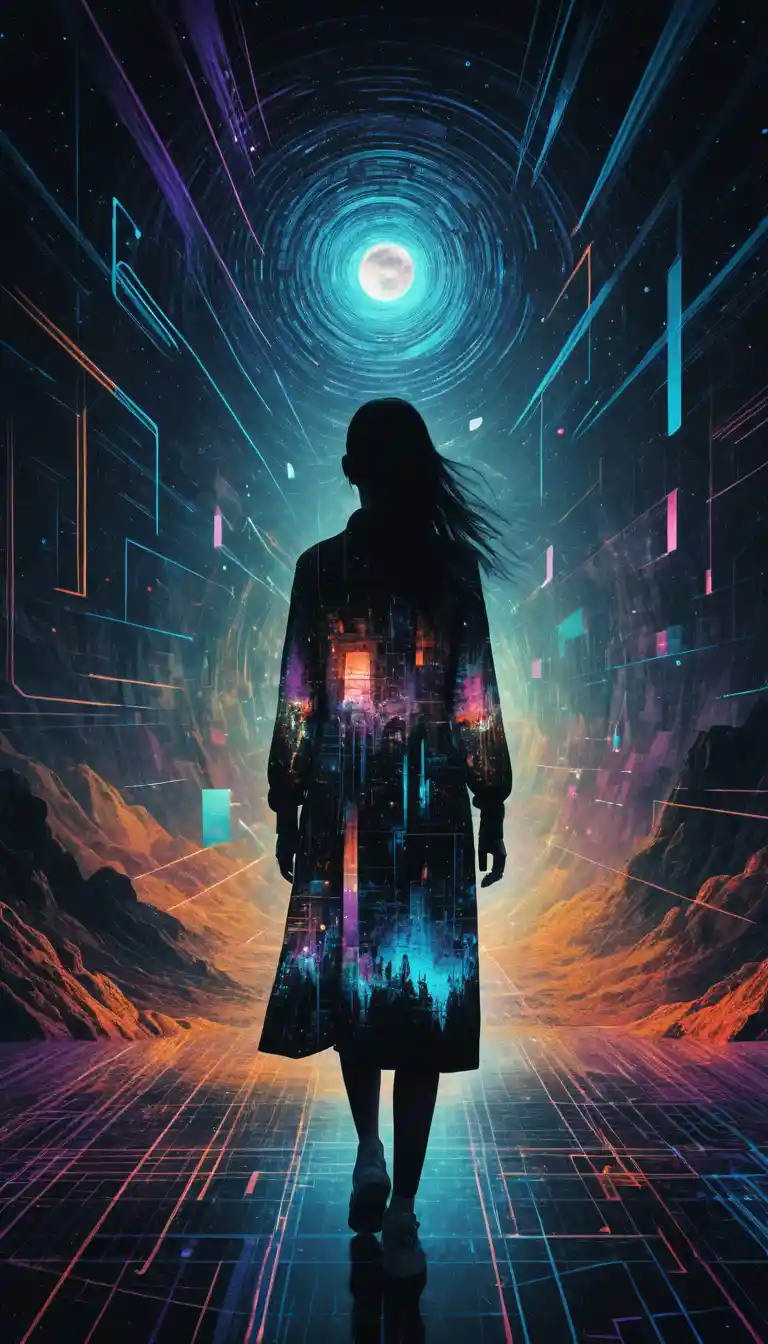 Surreal glitch art portrait of a woman with pixelated chaos
