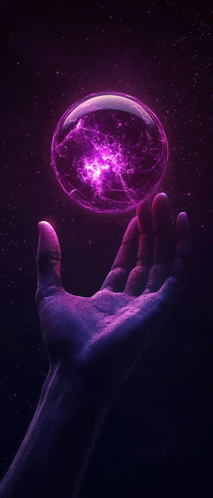Human Hand Holding Glowing Neon Violet Energy Sphere