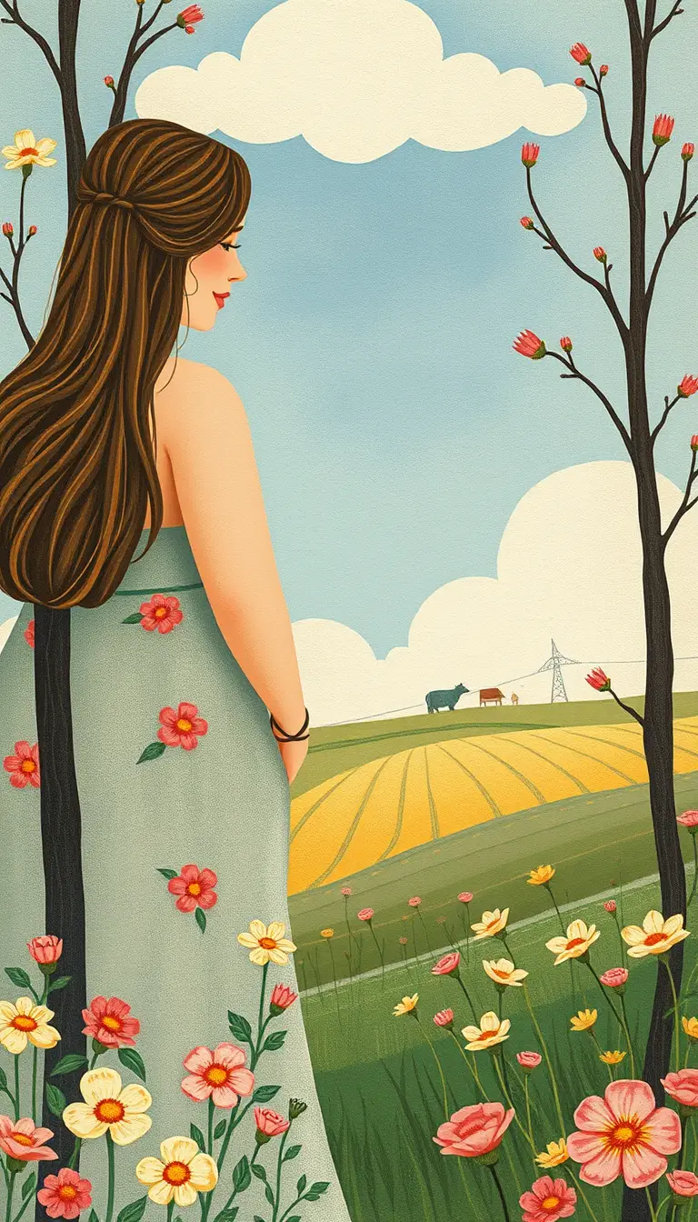Cozy folk art woman in pastel floral countryside scene