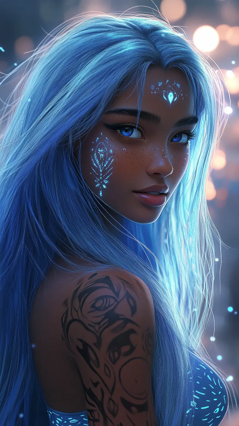 Blue haired tribal girl in glowing dreamy night portrait